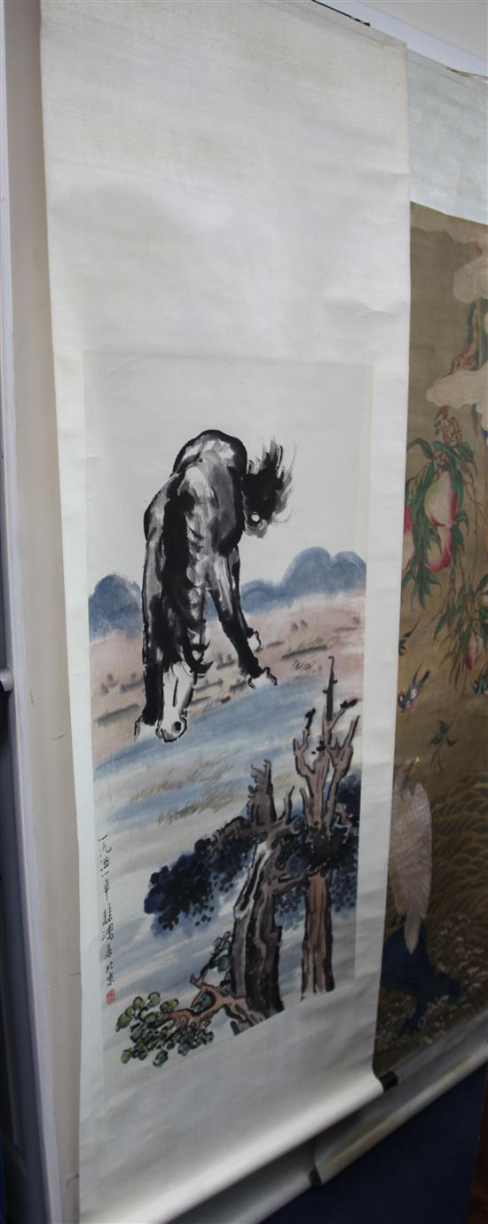 Two 19th century Chinese scroll paintings of eagles,